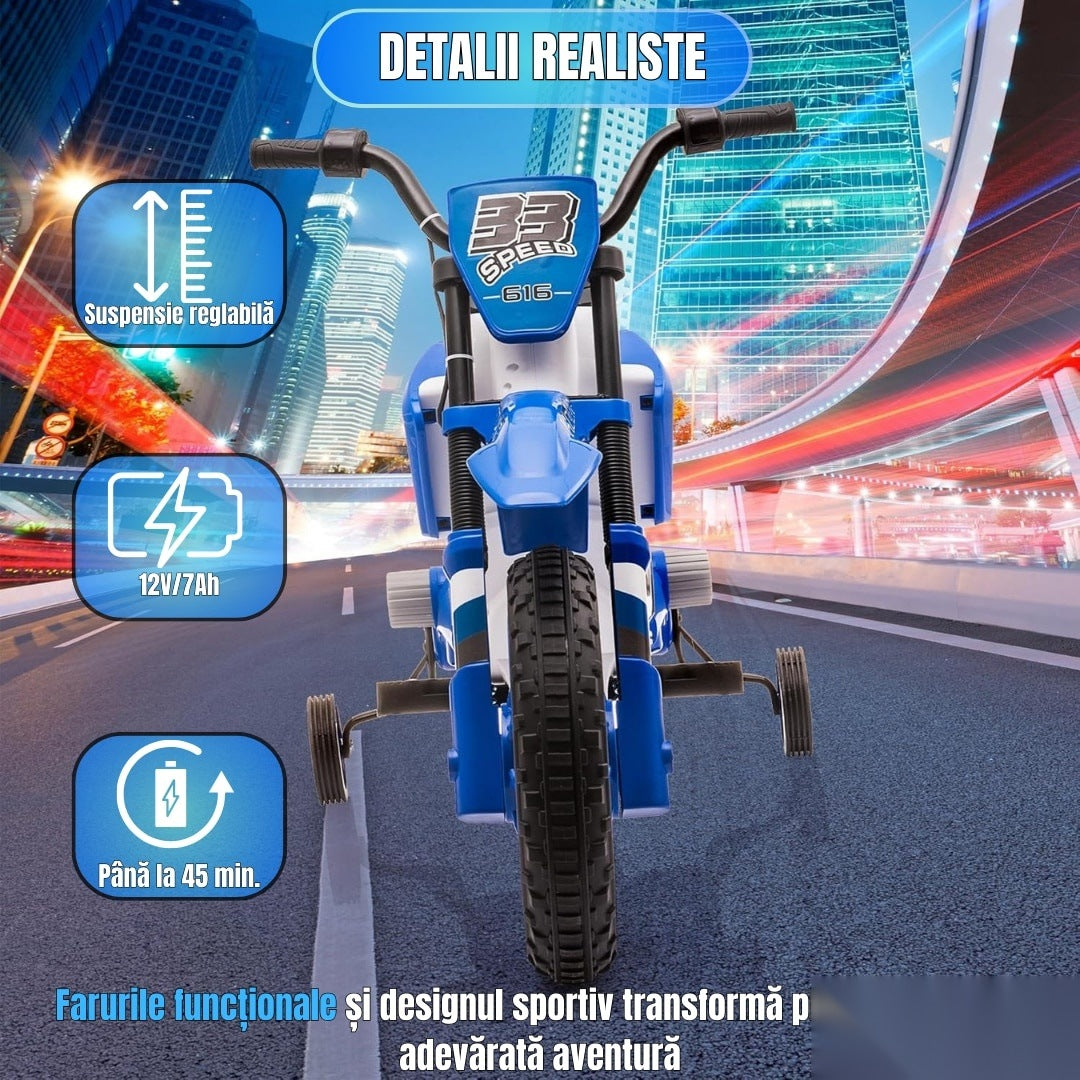 Motocicletă de jucărie cu roți ajutătoare, albastră