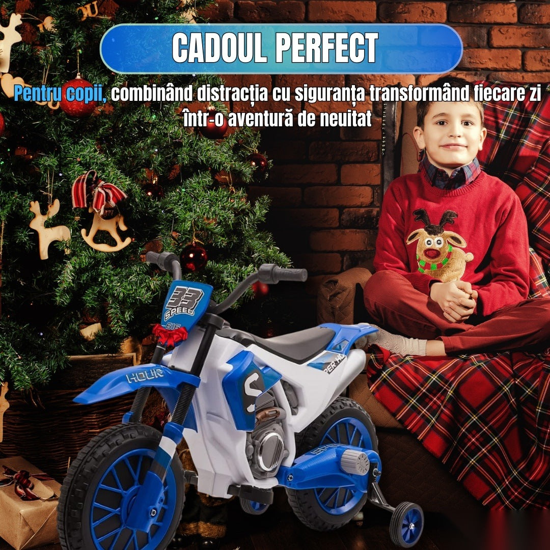 Motocicletă de jucărie cu roți ajutătoare, albastră