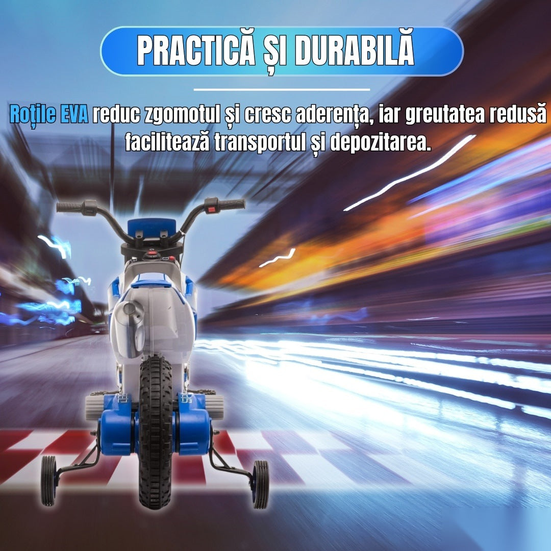 Motocicletă de jucărie cu roți ajutătoare, albastră