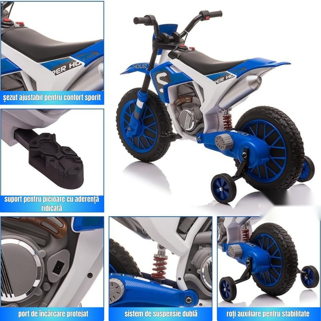 Motocicletă de jucărie cu roți ajutătoare, albastră