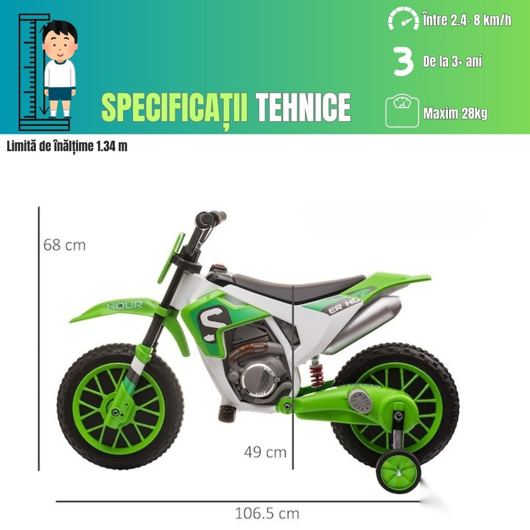 Motocicletă de jucărie cu roți ajutătoare, verde