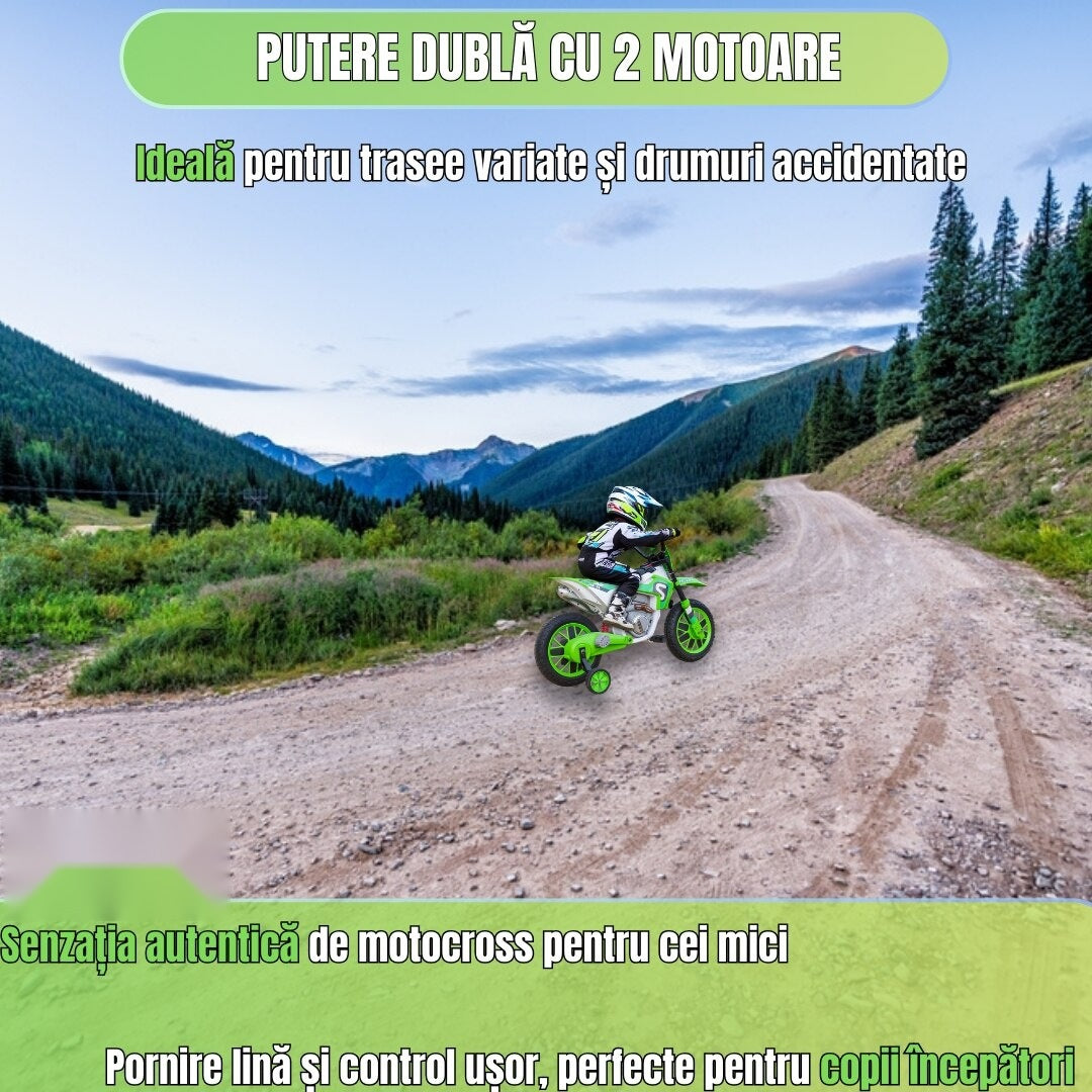 Motocicletă de jucărie cu roți ajutătoare, verde