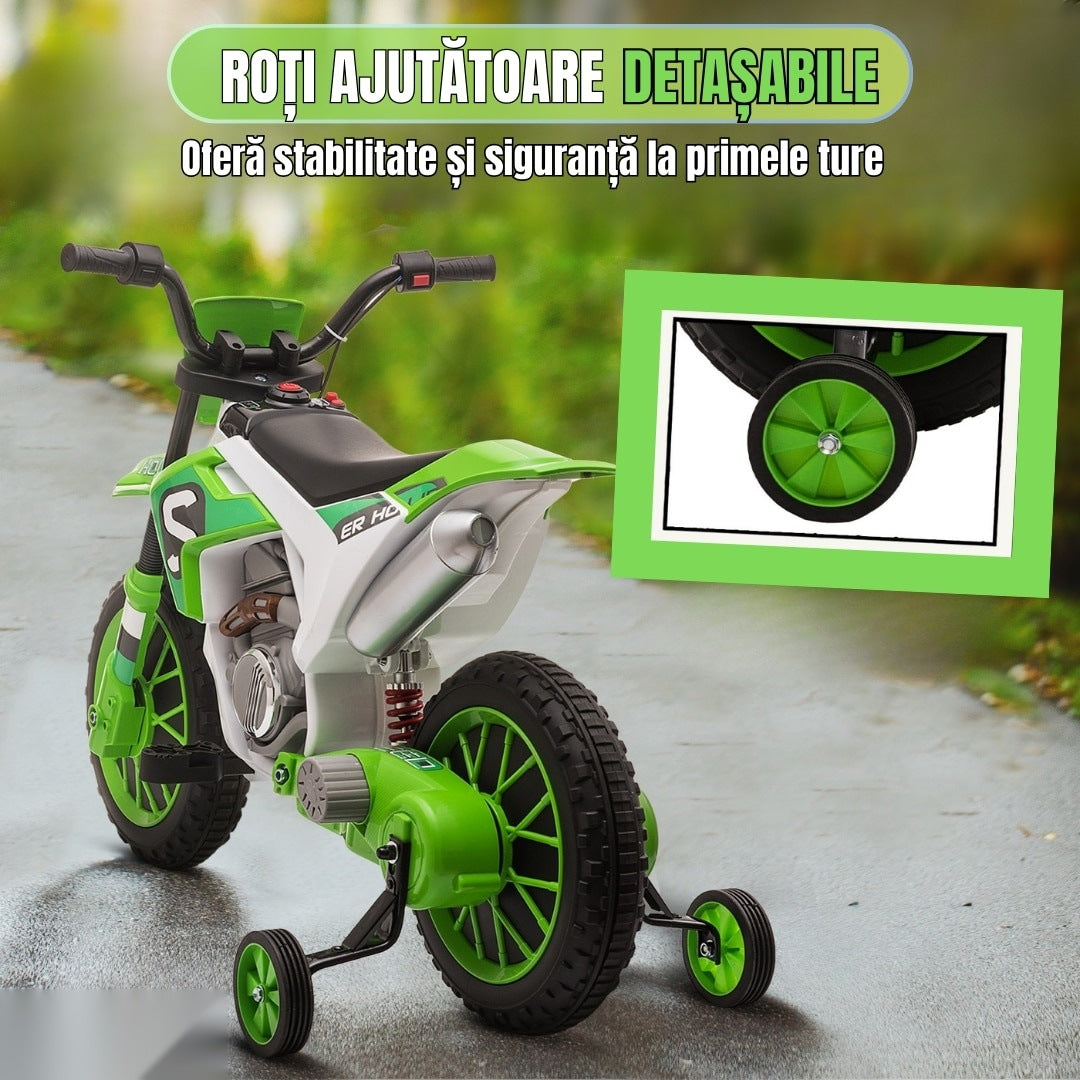Motocicletă de jucărie cu roți ajutătoare, verde