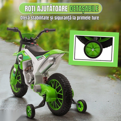 Motocicletă de jucărie cu roți ajutătoare, verde
