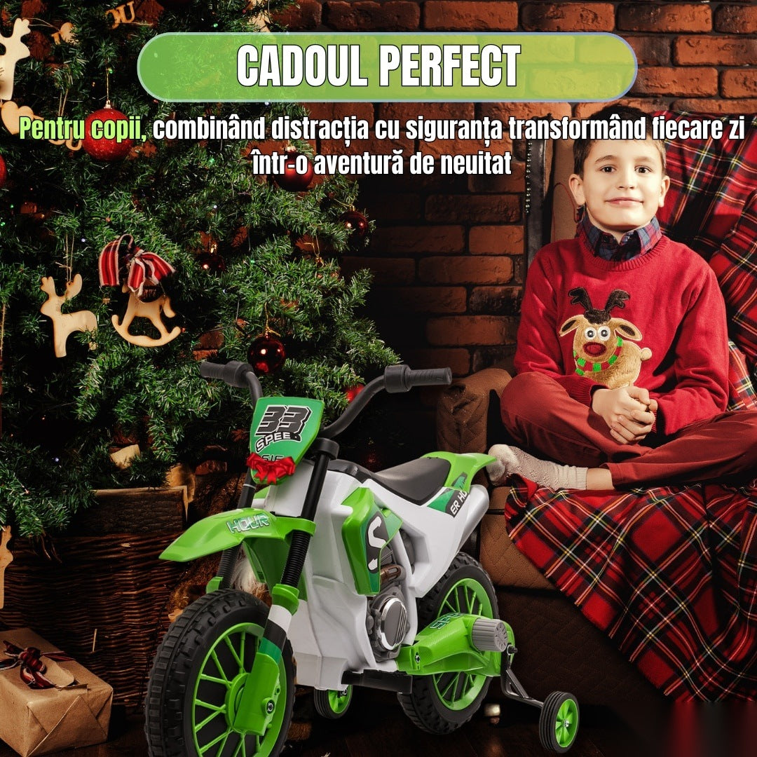Motocicletă de jucărie cu roți ajutătoare, verde