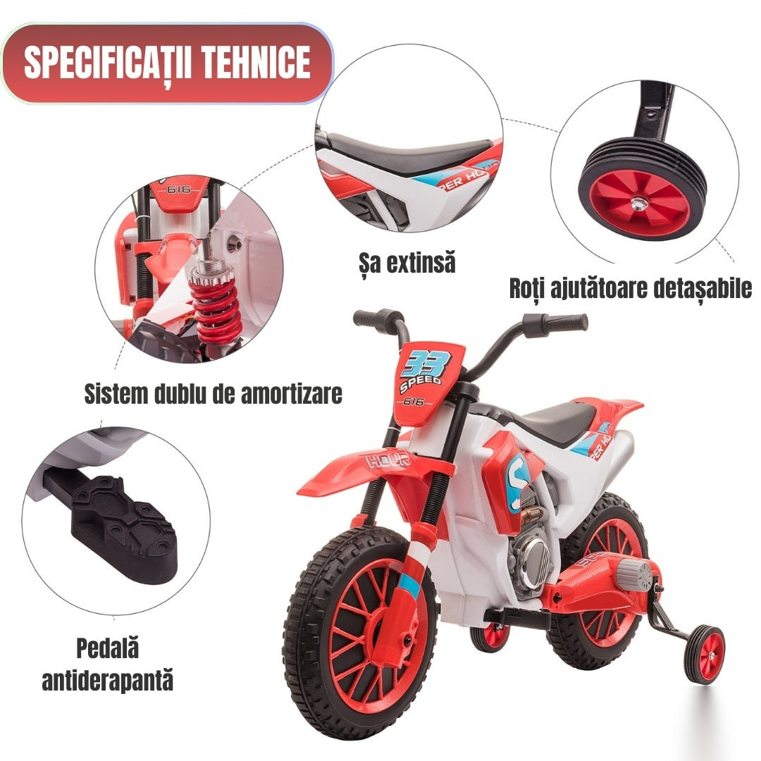 Motocicletă de jucărie cu roți ajutătoare, roșie