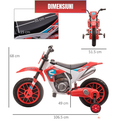 Motocicletă de jucărie cu roți ajutătoare, roșie