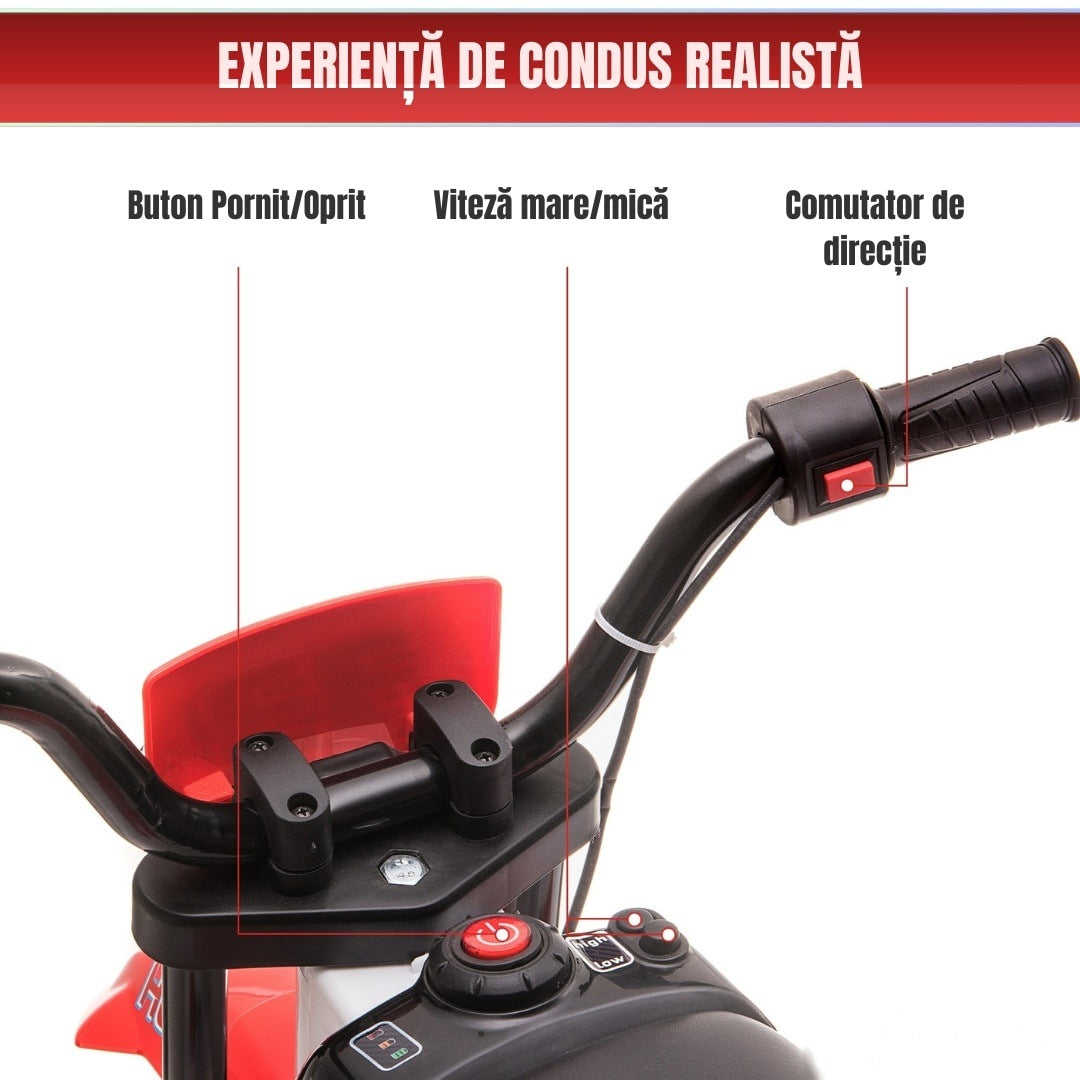 Motocicletă de jucărie cu roți ajutătoare, roșie