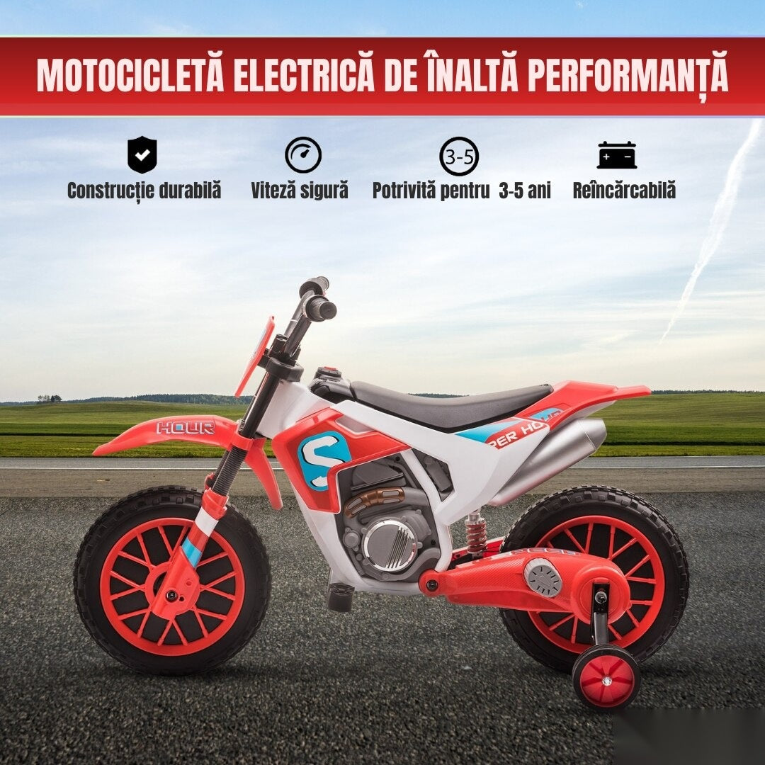 Motocicletă de jucărie cu roți ajutătoare, roșie