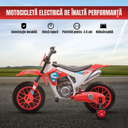 Motocicletă de jucărie cu roți ajutătoare, roșie