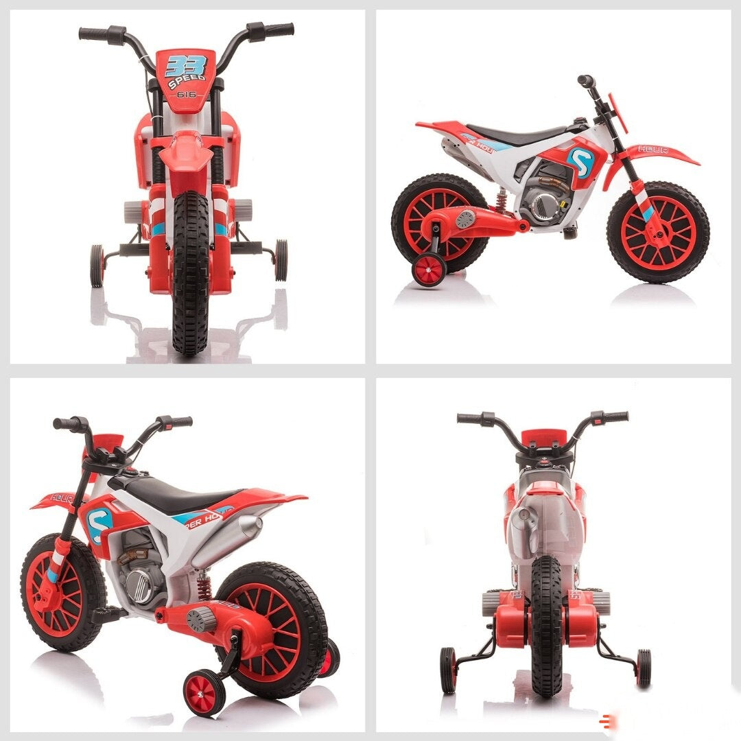 Motocicletă de jucărie cu roți ajutătoare, roșie