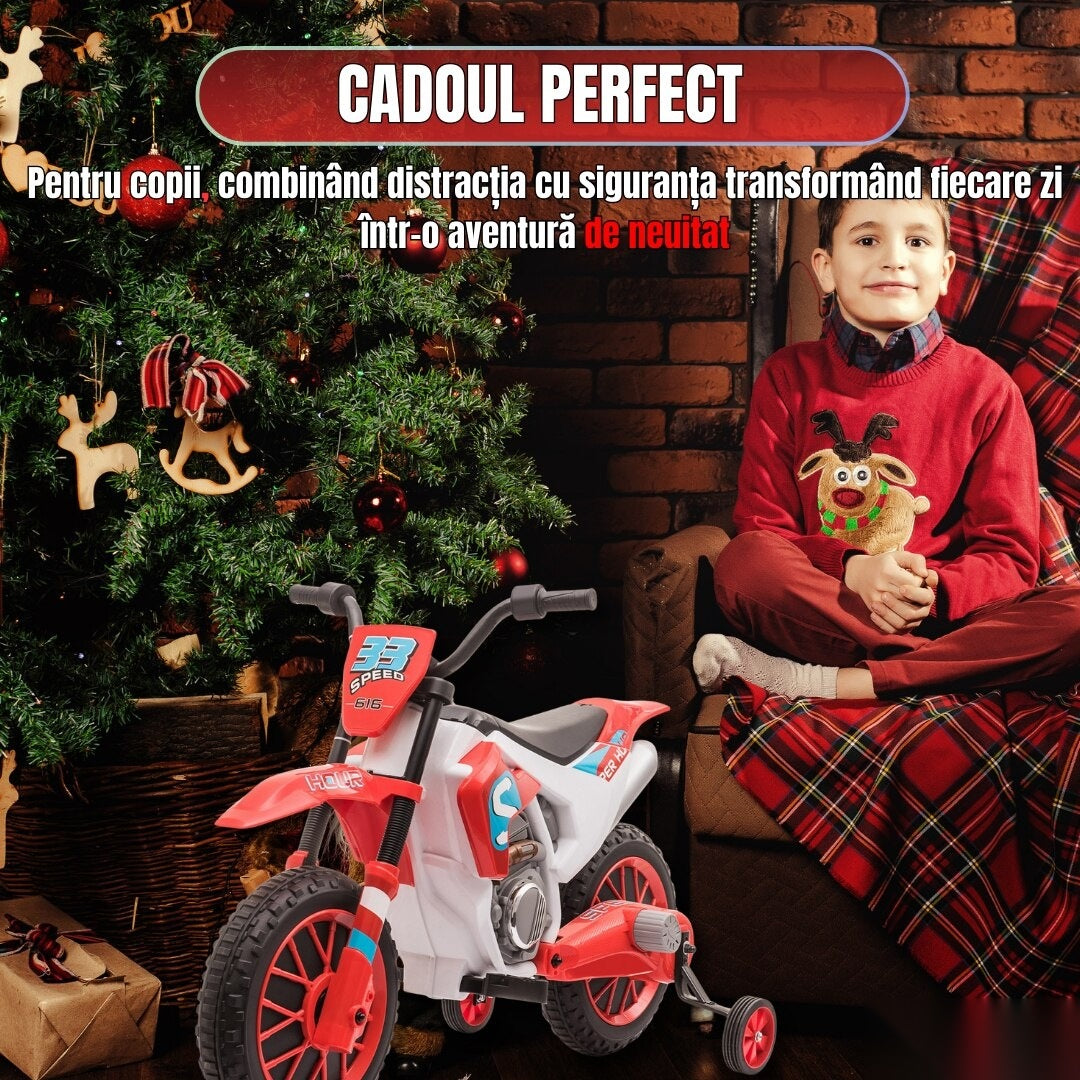 Motocicletă de jucărie cu roți ajutătoare, roșie