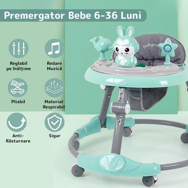 Premergatoare multifuncțională pentru bebeluși cu tavă de joacă, muzică și pliabilă