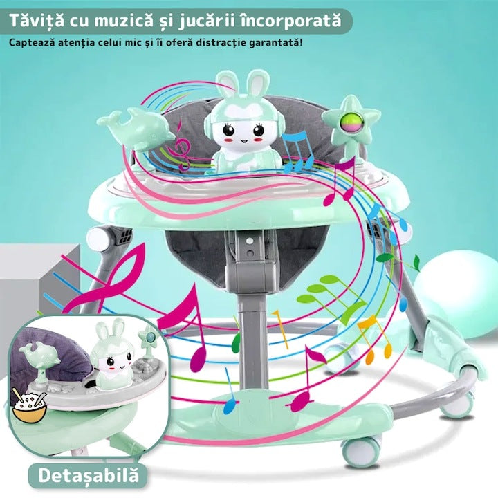 Premergatoare multifuncțională pentru bebeluși cu tavă de joacă, muzică și pliabilă