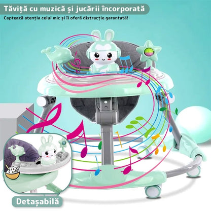 Premergatoare multifuncțională pentru bebeluși cu tavă de joacă, muzică și pliabilă