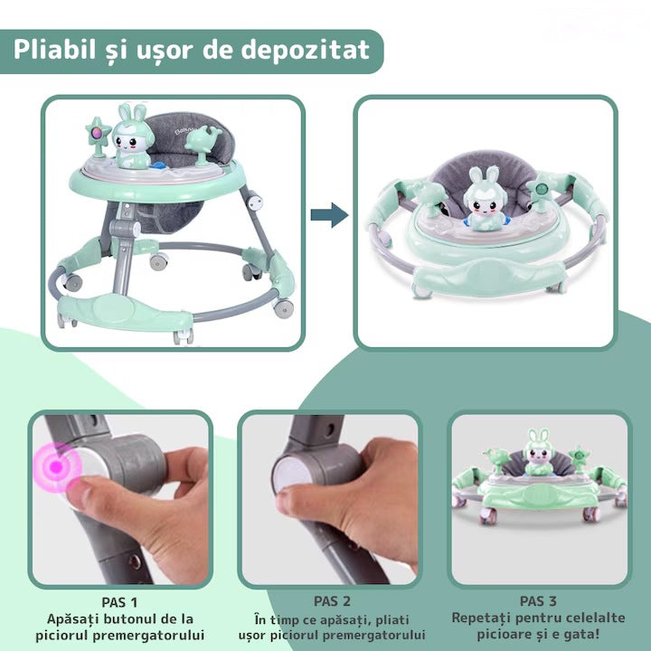 Premergatoare multifuncțională pentru bebeluși cu tavă de joacă, muzică și pliabilă