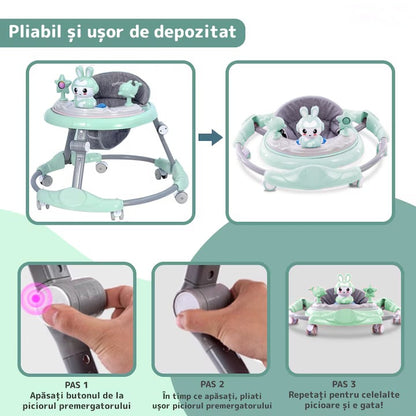 Premergatoare multifuncțională pentru bebeluși cu tavă de joacă, muzică și pliabilă