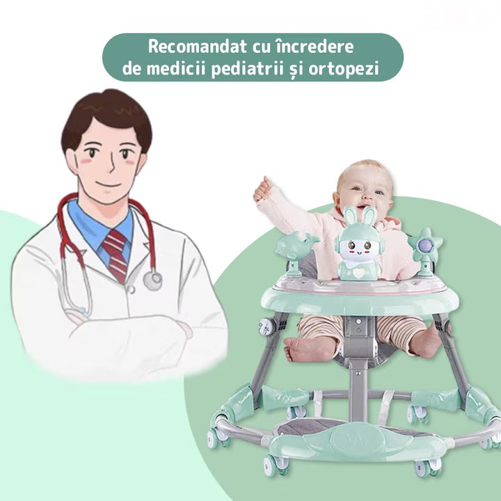 Premergatoare multifuncțională pentru bebeluși cu tavă de joacă, muzică și pliabilă