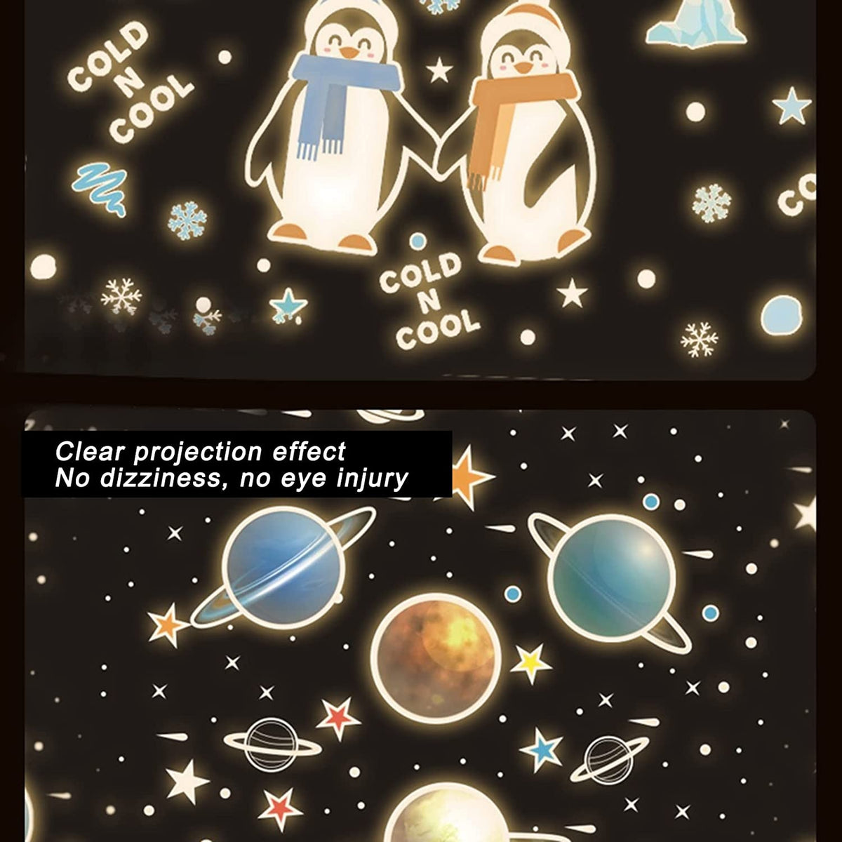 Veioză pinguin pentru copii, 13 șabloane proiecție, efecte sonore, lumini multicolore, telecomandă, USB, roz