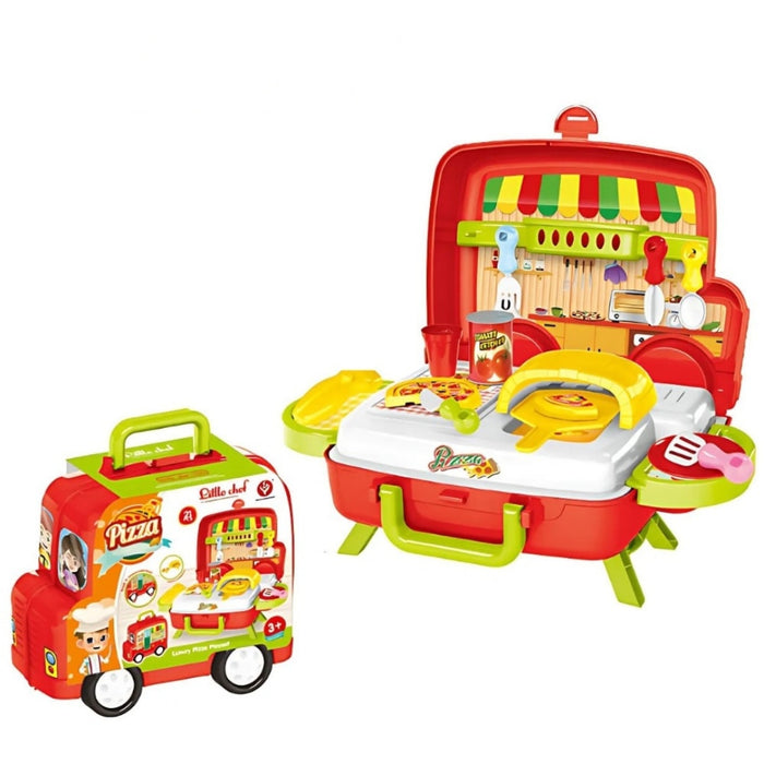 Set de joacă bucătărie portabilă 2 în 1 mașinuță, 21 piese, cuptor funcțional, roșu, 3+ ani