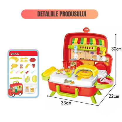 Set de joacă bucătărie portabilă 2 în 1 mașinuță, 21 piese, cuptor funcțional, roșu, 3+ ani