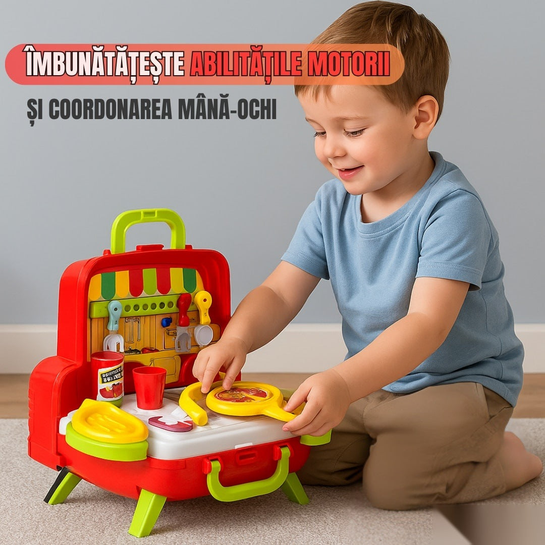 Set de joacă bucătărie portabilă 2 în 1 mașinuță, 21 piese, cuptor funcțional, roșu, 3+ ani