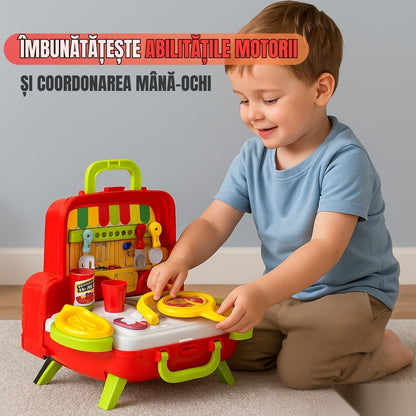 Set de joacă bucătărie portabilă 2 în 1 mașinuță, 21 piese, cuptor funcțional, roșu, 3+ ani