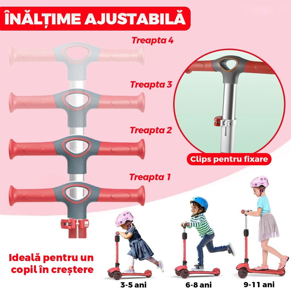 Trotineta copii cu LED, 3 roți, pliabilă, reglabilă, frână integrată, 3-11 ani, roșie