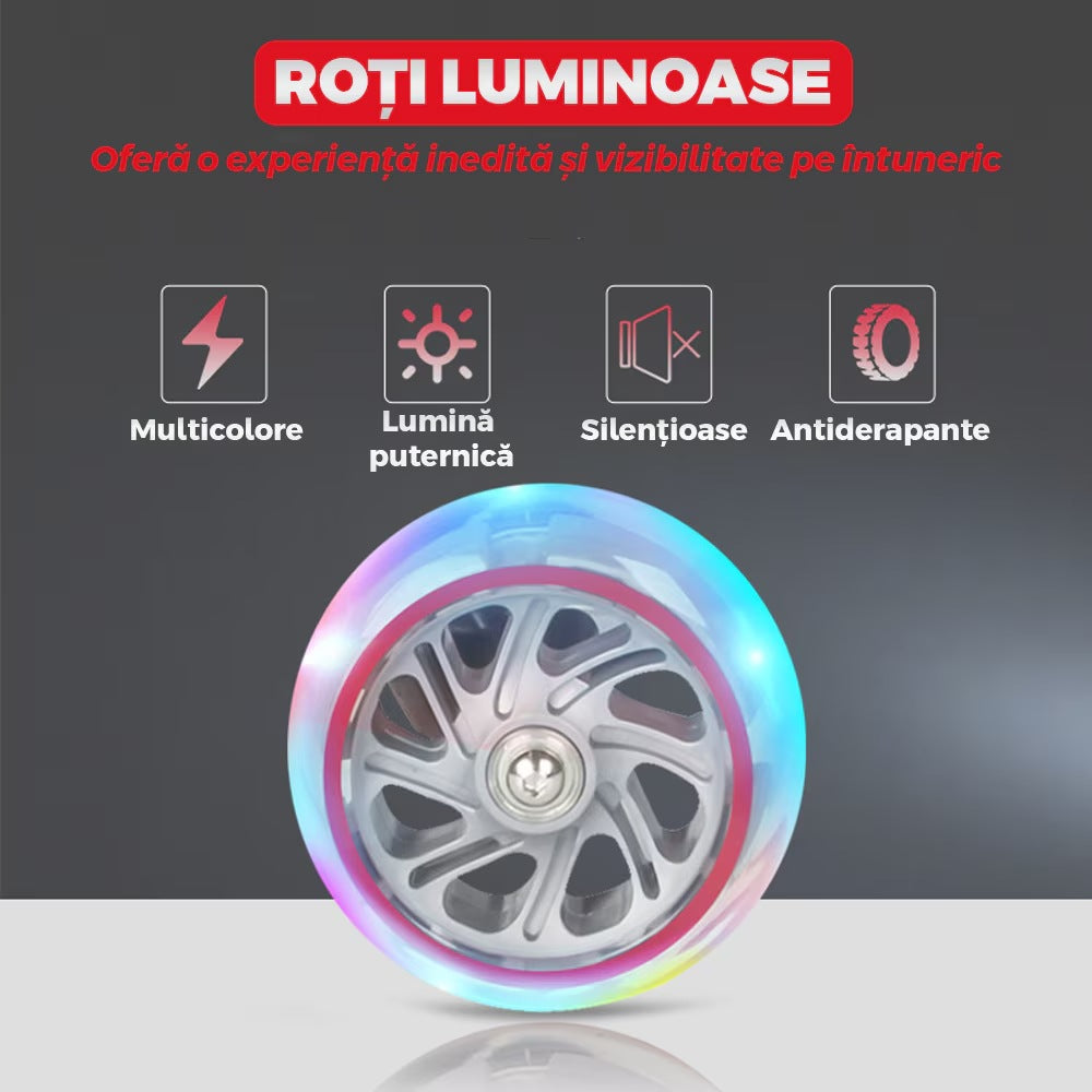 Trotineta copii cu LED, 3 roți, pliabilă, reglabilă, frână integrată, 3-11 ani, roșie