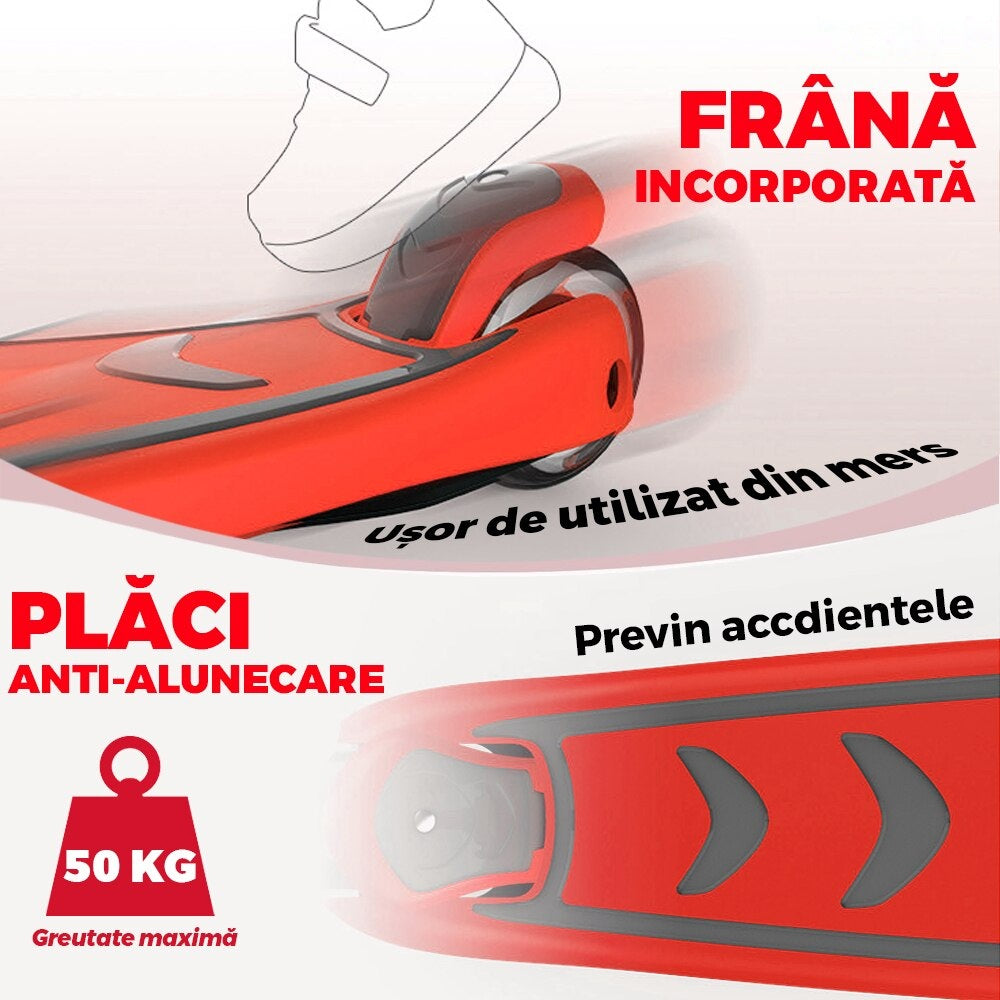 Trotineta copii cu LED, 3 roți, pliabilă, reglabilă, frână integrată, 3-11 ani, roșie