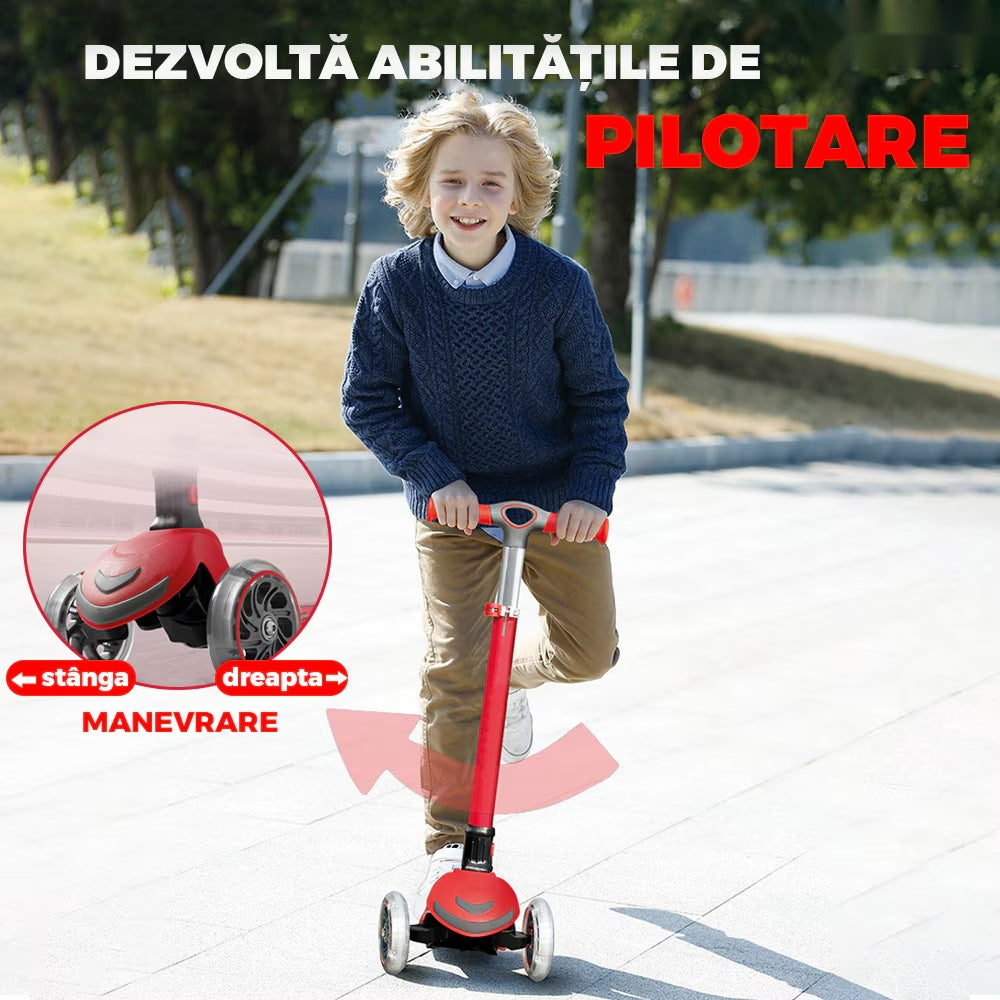 Trotineta copii cu LED, 3 roți, pliabilă, reglabilă, frână integrată, 3-11 ani, roșie