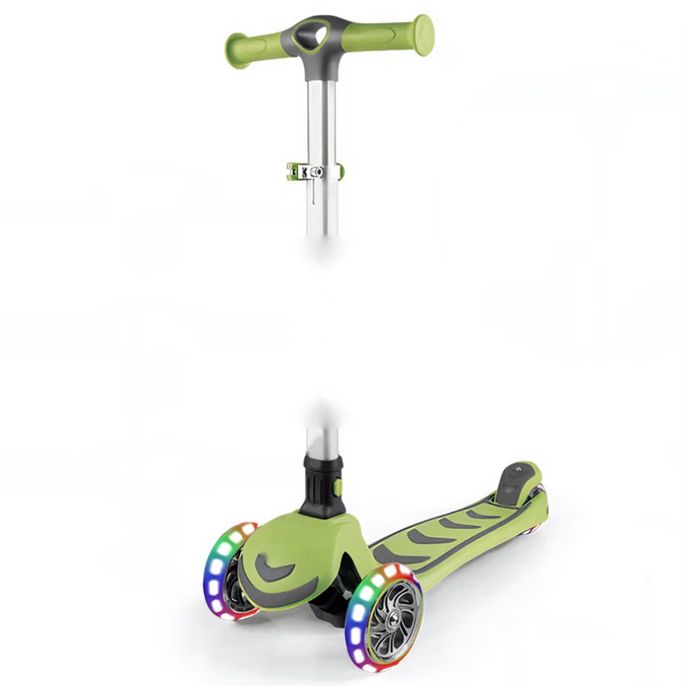 Trotineta copii cu LED, 3 roți, pliabilă, reglabilă, frână integrată, 3-11 ani, verde