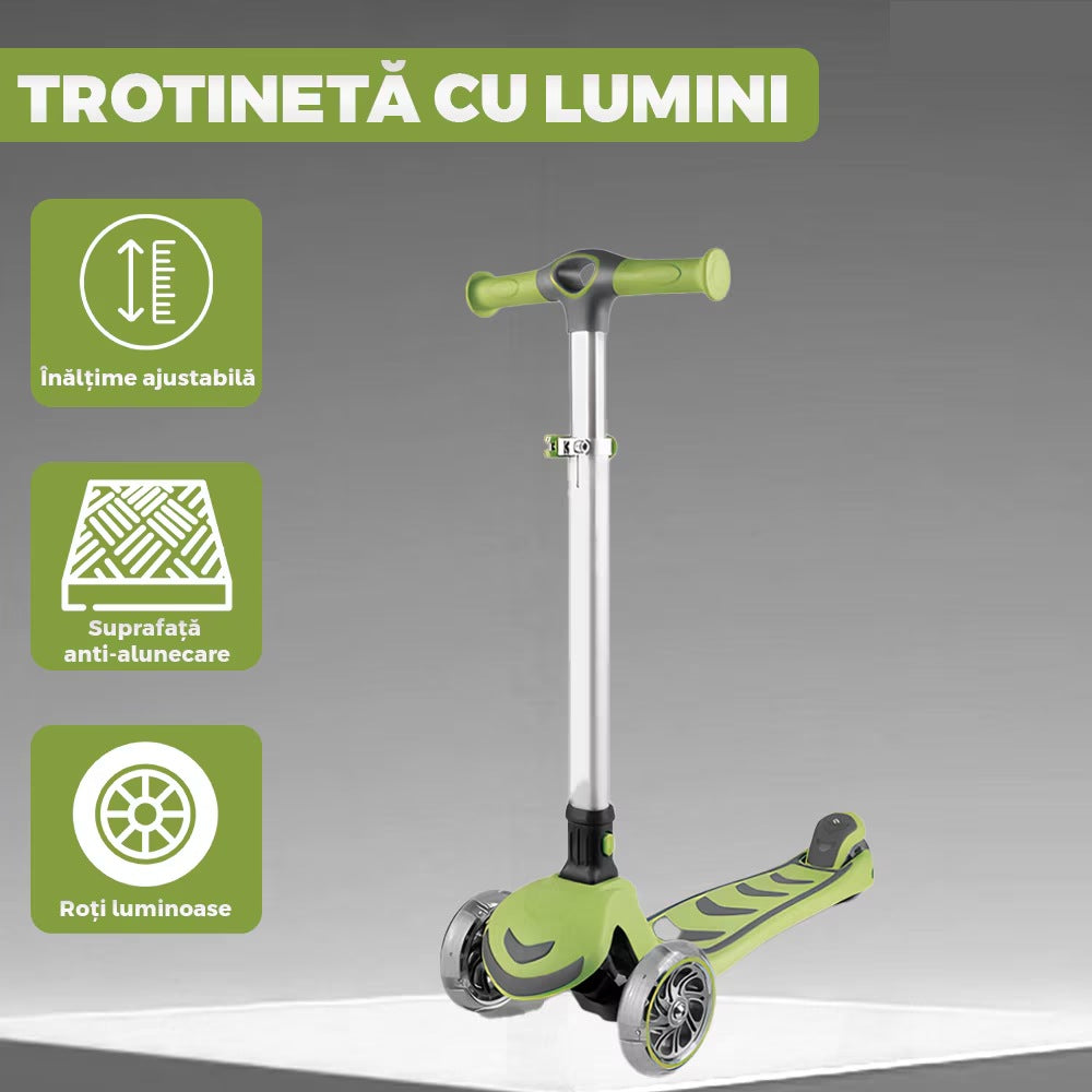 Trotineta copii cu LED, 3 roți, pliabilă, reglabilă, frână integrată, 3-11 ani, verde