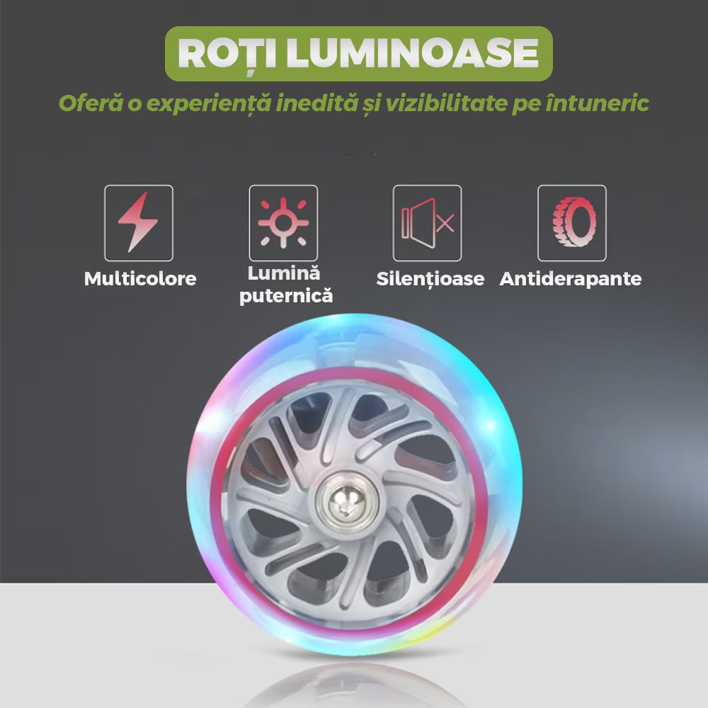 Trotineta copii cu LED, 3 roți, pliabilă, reglabilă, frână integrată, 3-11 ani, verde