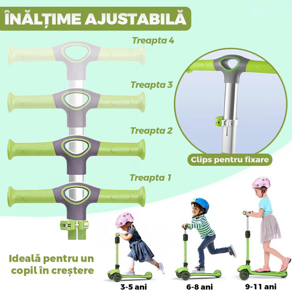 Trotineta copii cu LED, 3 roți, pliabilă, reglabilă, frână integrată, 3-11 ani, verde
