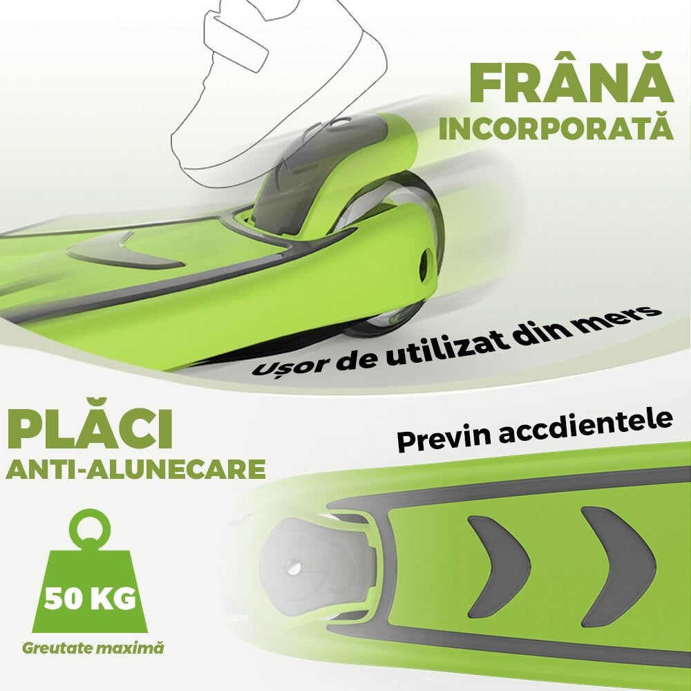 Trotineta copii cu LED, 3 roți, pliabilă, reglabilă, frână integrată, 3-11 ani, verde