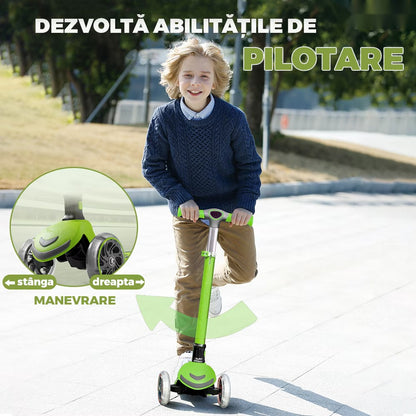 Trotineta copii cu LED, 3 roți, pliabilă, reglabilă, frână integrată, 3-11 ani, verde