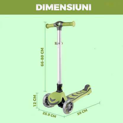 Trotineta copii cu LED, 3 roți, pliabilă, reglabilă, frână integrată, 3-11 ani, verde