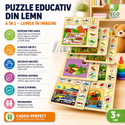 Set 6 tablete educative Montessori, puzzle lemn, dezvoltare cognitivă, multicolor
