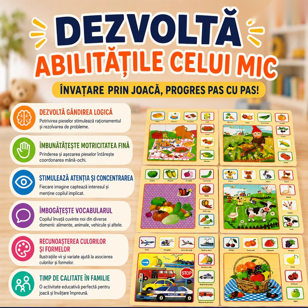 Set 6 tablete educative Montessori, puzzle lemn, dezvoltare cognitivă, multicolor