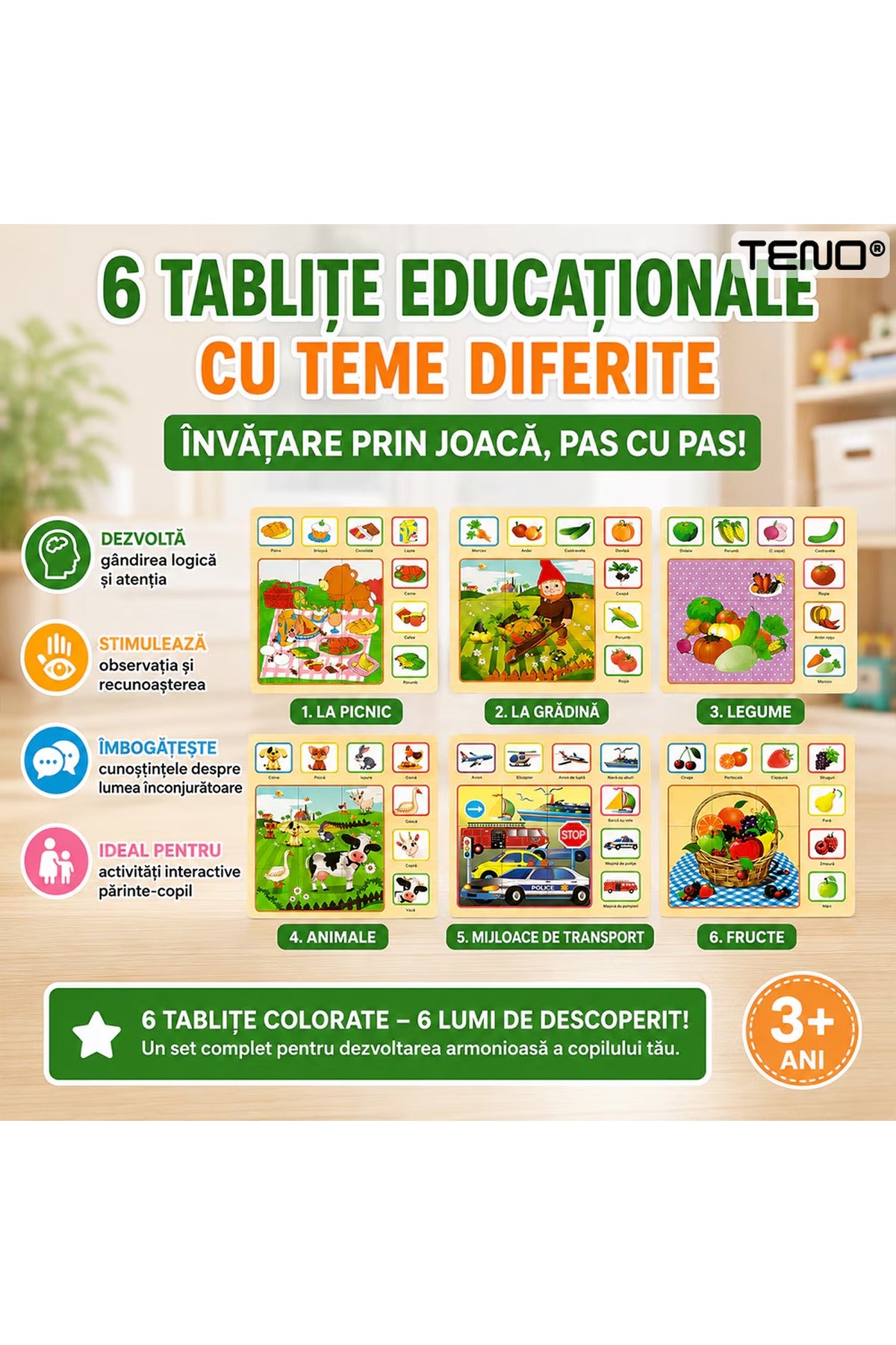 Set 6 tablete educative Montessori, puzzle lemn, dezvoltare cognitivă, multicolor