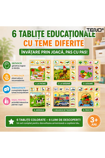 Set 6 tablete educative Montessori, puzzle lemn, dezvoltare cognitivă, multicolor