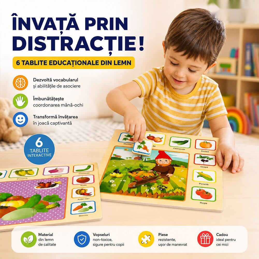 Set 6 tablete educative Montessori, puzzle lemn, dezvoltare cognitivă, multicolor