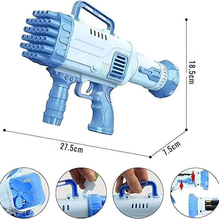 Pistol baloane de săpun cu LED, ventilator, 32 găuri, albastru