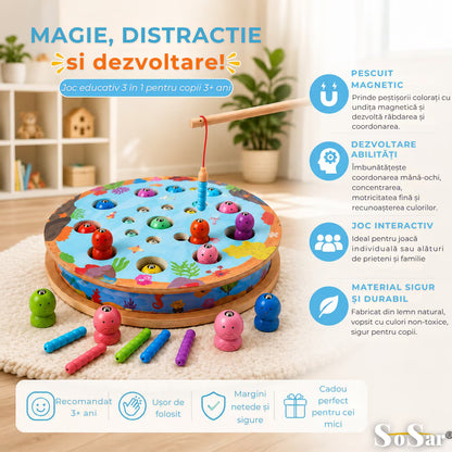 Joc educativ 3-în-1 Sosar® din lemn: pescuit magnetic, șah și sortare culori