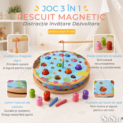 Joc educativ 3-în-1 Sosar® din lemn: pescuit magnetic, șah și sortare culori