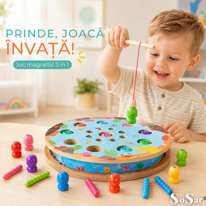 Joc educativ 3-în-1 Sosar® din lemn: pescuit magnetic, șah și sortare culori