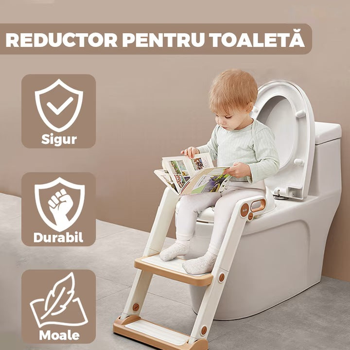 Reductor WC cu scări, mânere, antiderapant, 2 trepte, alb-roz auriu