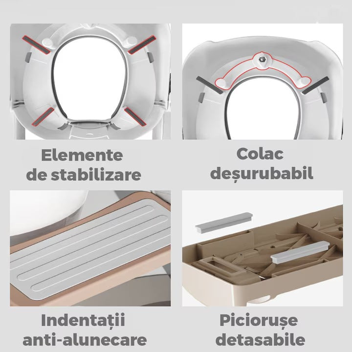 Reductor WC cu scări, mânere, antiderapant, 2 trepte, alb-roz auriu