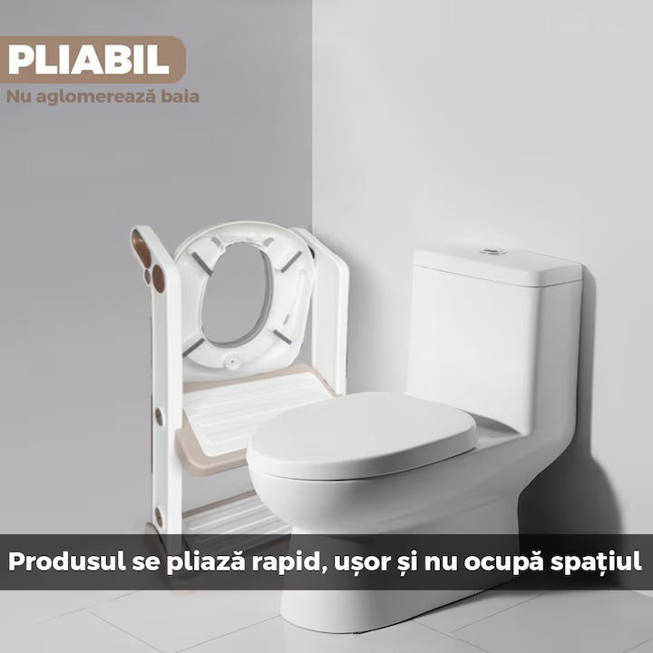 Reductor WC cu scări, mânere, antiderapant, 2 trepte, alb-roz auriu